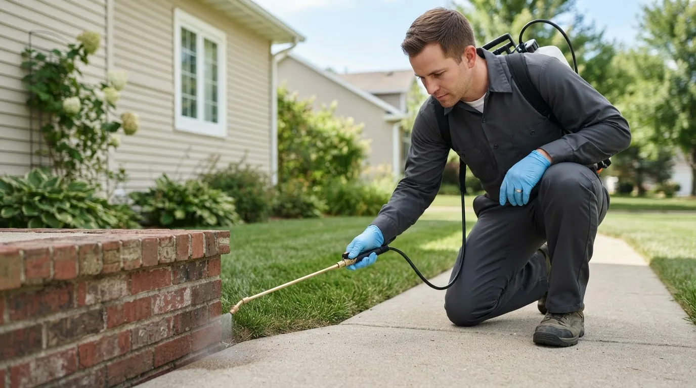 Pest control technician treating a home near Rockford, OH