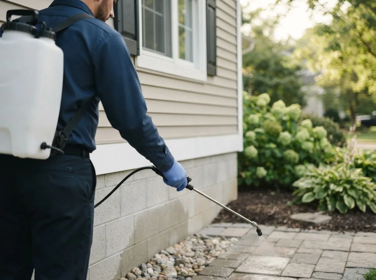 Pest control technician inspecting a home in Rockford, OH